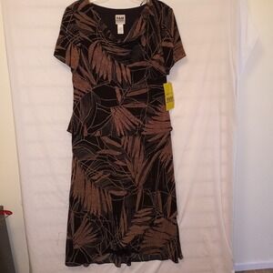 R&M Richards Size 14 Dress Black Taupe Leaves Short Sleeve Lined Layered NWT F2